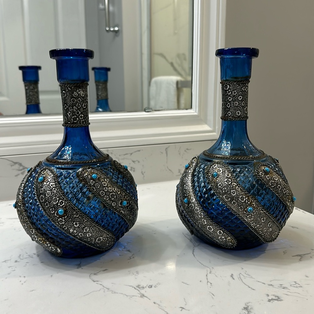 A Pair of Vintage Turkish Cobalt Blue Antique Vases with Silver Leaf & Turquoise